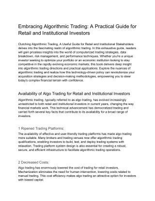 Embracing Algorithmic Trading: A Practical Guide for Retail and Institutional In