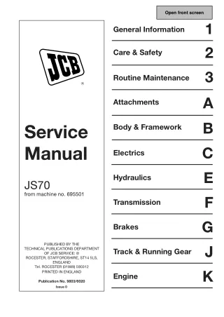 JCB JS70 Tracked Excavator Service Repair Manual SN695501 Onwards