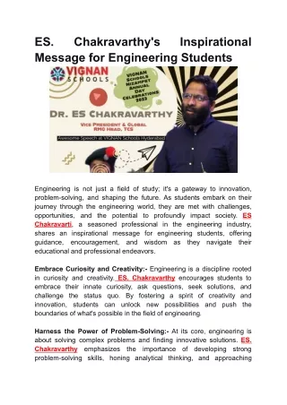 ES. Chakravarthy's Inspirational Message for Engineering Students