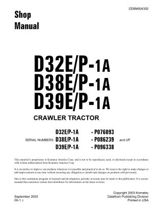 Komatsu D32P-1A Dozer Bulldozer Service Repair Manual SN P076093 and up