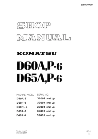 Komatsu D60P-6 Dozer Bulldozer Service Repair Manual SN 32001 and up