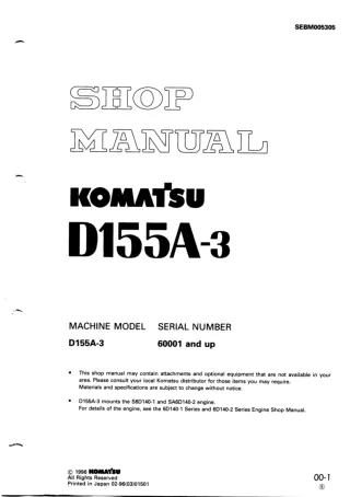 Komatsu D155A-3 Dozer Bulldozer Service Repair Manual SN 60001 and up