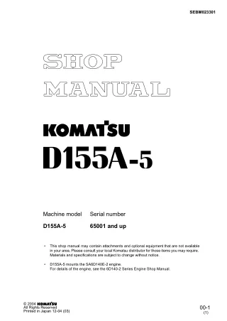 Komatsu D155A-5 Dozer Bulldozer Service Repair Manual SN 65001 and up