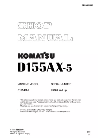 Komatsu D155AX-5 Dozer Bulldozer Service Repair Manual SN 76001 and up