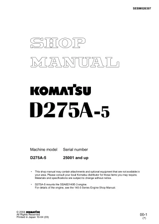 Komatsu D275A-5 Dozer Bulldozer Service Repair Manual SN 25001 and up