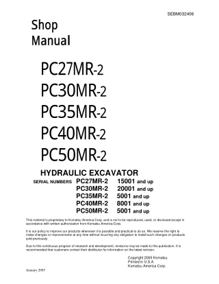 Komatsu PC27MR-2 Hydraulic Excavator Service Repair Manual SN15001 and up