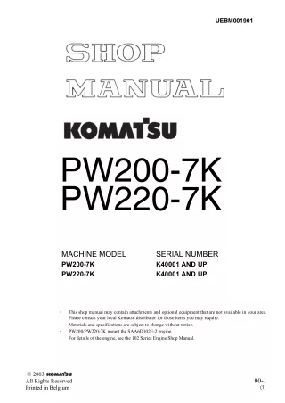 Komatsu PW200-7K Hydraulic Excavator Service Repair Manual SNK40001 and up