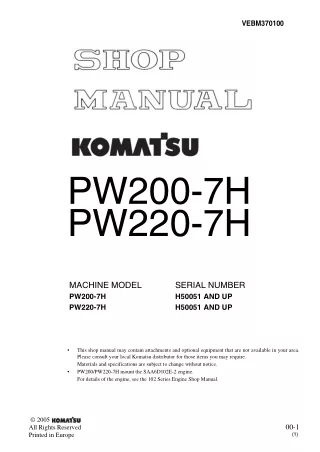 Komatsu PW220-7H Hydraulic Excavator Service Repair Manual SNH50051 and up