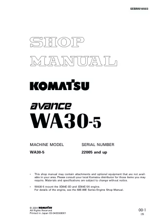 Komatsu WA30-5 Avance Wheel Loader Service Repair Manual SN22005 and up