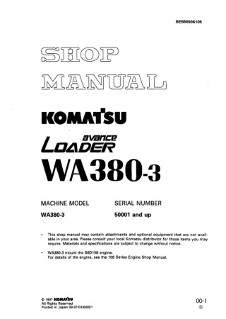 Komatsu WA380-3 Avance Wheel Loader Service Repair Manual SN：50001 and up