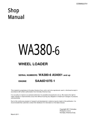 Komatsu WA380-6 Wheel Loader Service Repair Manual SN A54001 and up