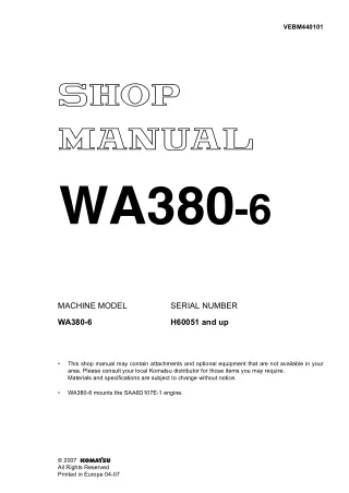 Komatsu WA380-6 Wheel Loader Service Repair Manual SN H65001 and up