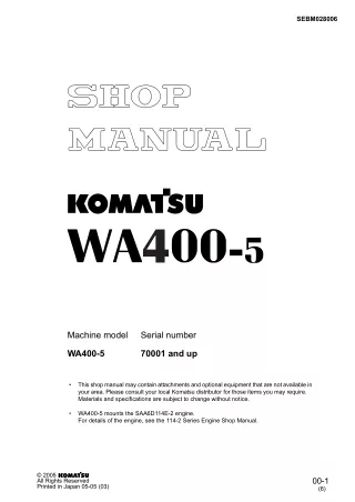 Komatsu WA400-5 Wheel Loader Service Repair Manual SN：70001 and up