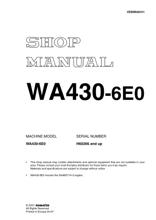 Komatsu WA430-6E0 Wheel Loader Service Repair Manual SNH60266 and up