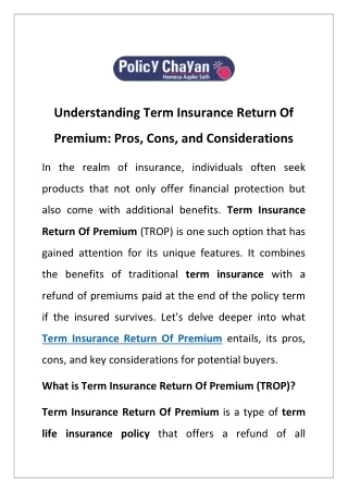 Understanding Term Insurance Return Of Premium- Pros, Cons, and Considerations