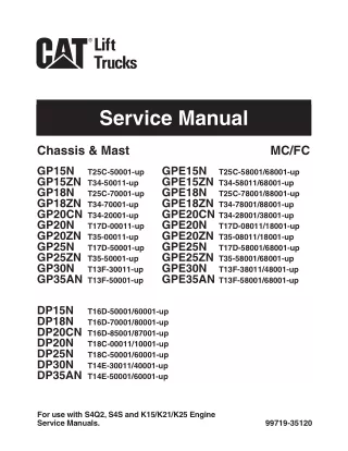 Caterpillar Cat DP18N Forklift Lift Truck Service Repair Manual SN T16D-70001 and up