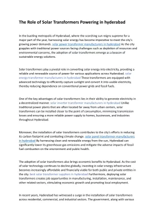 The Role of Solar Transformers Powering in hyderabad