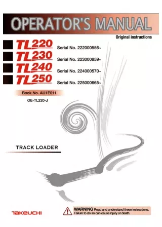 Takeuchi TL220 Track Loader Operator manual Serial No. 222000556 and up