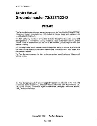 Toro Groundsmaster 327 Mower Service Repair Manual