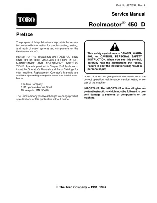 Toro Reelmaster 450-D Mower Service Repair Manual