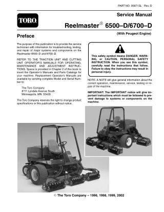 Toro Reelmaster 6700D (Peugeot Engine) Mower Service Repair Manual