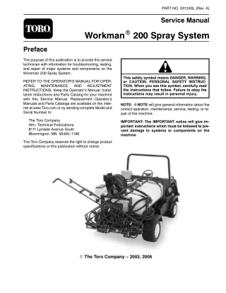 Toro Workman 200 Spray System Service Repair Manual