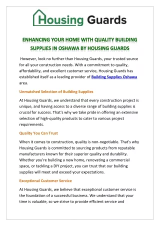 ENHANCING YOUR HOME WITH QUALITY BUILDING SUPPLIES IN OSHAWA BY HOUSING GUARDS
