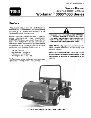 Toro Workman 3000 Series Service Repair Manual SN 240000001 and Above