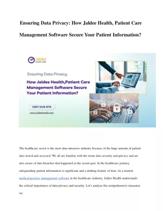 Ensuring Data Privacy How Jaldee Health, Patient Care Management Software Secure Your Patient Information