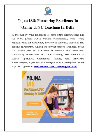 Yojna IAS for the Best Online Coaching in Delhi