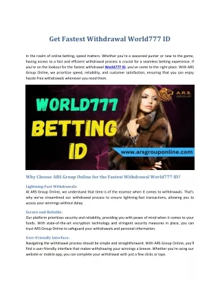 Get Fastest Withdrawal World777 ID