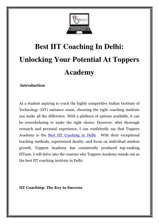 Best IIT Coaching In Delhi: Unlocking Your Potential At Toppers Academy