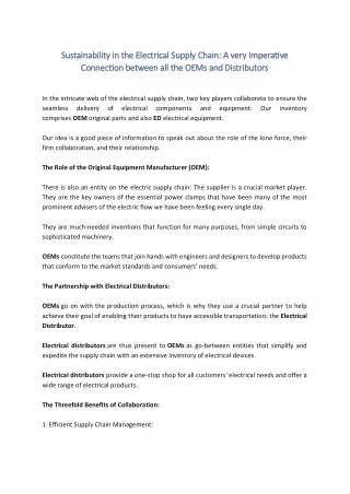 Sustainability in the Electrical Supply Chain A very Imperative Connection between all the OEMs and Distributors