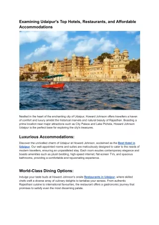 Examining Udaipur's Top Hotels, Restaurants, and Affordable Accommodations