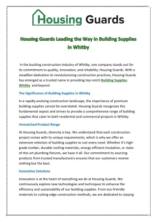 Housing Guards Leading the Way in Building Supplies in Whitby