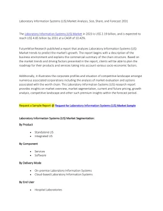 Laboratory Information Systems (LIS) Market Analysis, Size, Share, and Forecast 2031