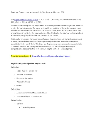 Single-use Bioprocessing Market Analysis, Size, Share, and Forecast 2031