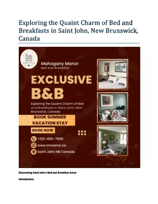 Exploring the Quaint Charm of Bed and Breakfasts in Saint John, New Brunswick, Canada