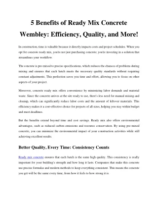 5 Benefits of Ready Mix Concrete Wembley Efficiency, Quality, and More