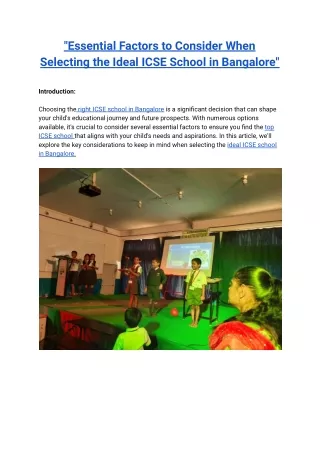 "Essential Factors to Consider When Selecting the Ideal ICSE School in Bangalore