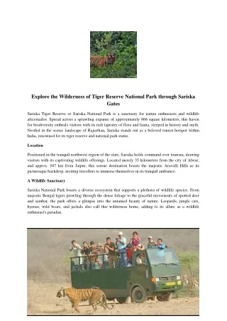 Explore the Wilderness of Tiger Reserve National Park through Sariska Gates