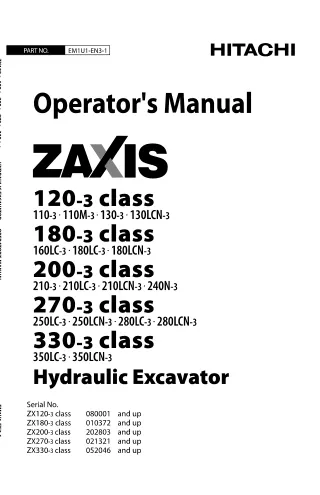 Hitachi 120-3 Class Hydraulic Excavator operator’s manual SN080001 and up
