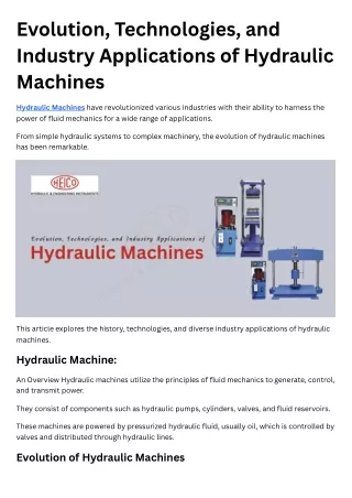 Evolution, Technologies, and Industry Applications of Hydraulic Machines
