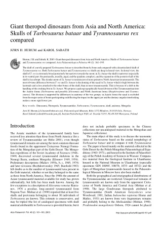 Giant theropod dinosaurs from Asia and North America_ Skulls of Tarbosaurus bataar and Tyrannosaurus rex compared