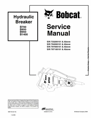 Bobcat B700 B850 B950 B1400 Hydraulic Breaker Service Repair Manual SN 733200101 And Above