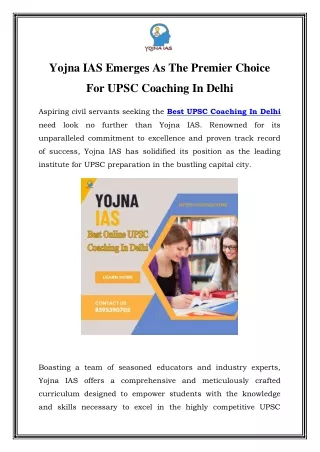 Master Your IAS Journey: Top Online Coaching by Yojna IAS in Delhi