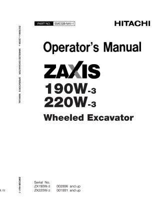 Hitachi ZAXIS 220W-3 Wheeled Excavator operator’s manual SN 001001 and up