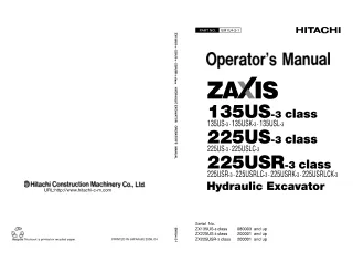 Hitachi Zaxis 225USR-3 class Hydraulic Excavator operator’s manual SN200001 and up