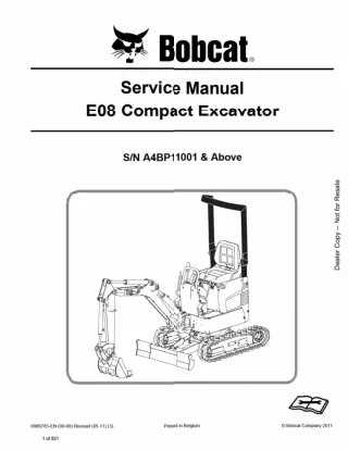 BOBCAT E08 COMPACT EXCAVATOR Service Repair Manual SN A4BP11001 AND Above