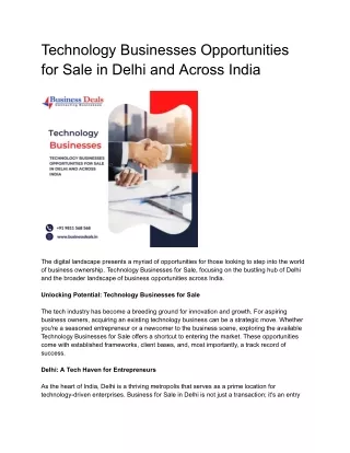 Technology Businesses Opportunities for Sale in Delhi and Across India